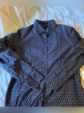 Lands' End Womens Navy Button-Down Shirt with Light Pink Polka Dots